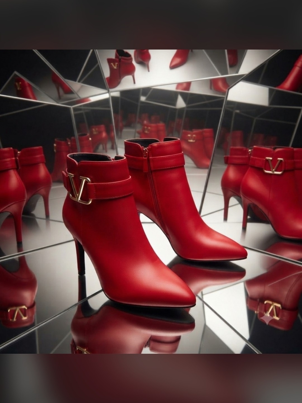 Stunning Red Leather Stiletto Booties w/ Gold V-Accent - Size US 7.5 / 8 (EU 38)
